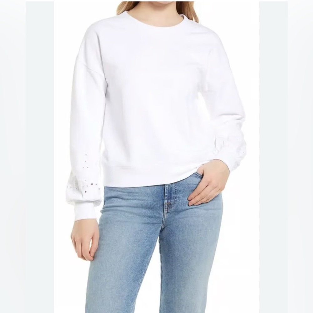 HALOGEN Women’s White Eyelet Sleeve Sweatshirt Size XL NWT